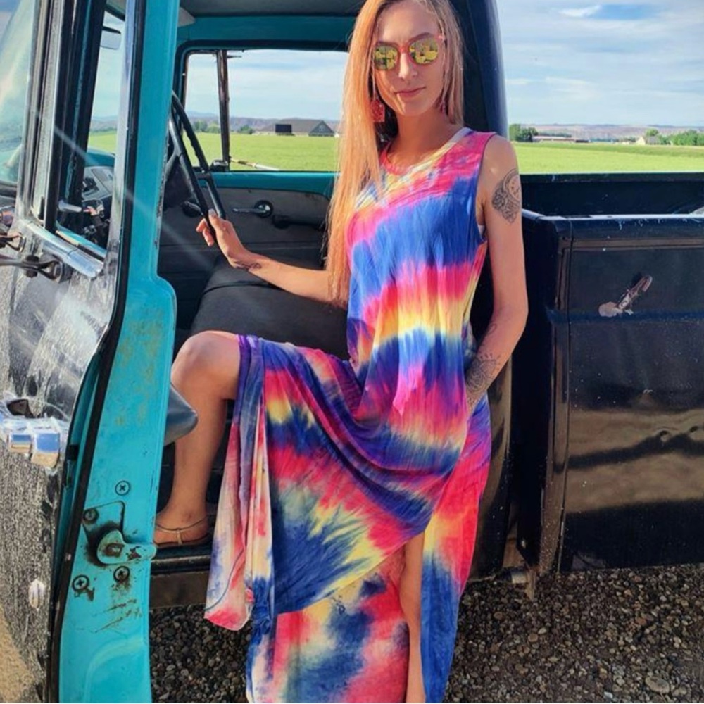 Born to Be Wild Tie Dye Sleeveless Stretchy Maxi Tank Dress Pockets Beach Boho M - Picture 5 of 5